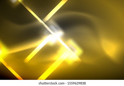 Neon square and line lights on dark background with blurred effects, vector modern design