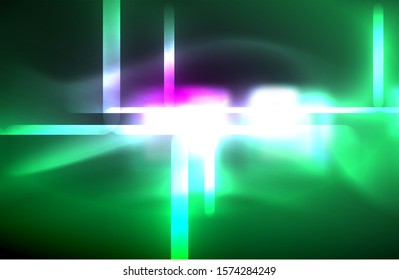 Neon square and line lights on dark background with blurred effects, vector modern design