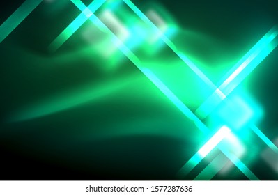 Neon square and line lights on dark background with blurred effects, vector modern design