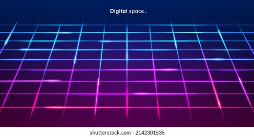 Neon square lines background with light and shining effect, gradient colors. Vector realistic cartoon, digital space and cyberspace virtual reality prints or wallpaper with glowing