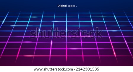 Neon square lines background with light and shining effect, gradient colors. Vector realistic cartoon, digital space and cyberspace virtual reality prints or wallpaper with glowing