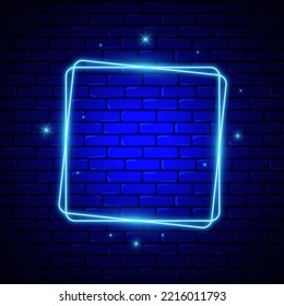 Neon square luminous frame on brick wall background