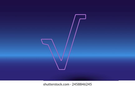 Neon Quadratwurzel Symbol auf einem Farbverlauf blau Hintergrund. Das isolierte Symbol befindet sich in der unteren Mitte. Farbverlauf blau mit hellblauer Skyline