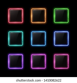 Neon square shape frame set with glass texture plate. Color design element. Shining rectangle banners set. Led halogen lamp signs. Technology signboards on black background. Bright vector illustration