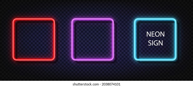 Signo cuadrado de Neon. Conjunto de vector de color brillante cuadrado de neón realista 
 fondo transparente aislado. Banderas de marco de lámparas halógenas o de plomo brillantes.