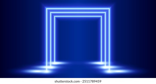 Neonquadratischer Tunnel, blau leuchtendes Portal, Lichteffekt-Hintergrund, Vektorgrafik.