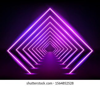 Neon Square Tunnel. Endless Optical Illusion Portal. Glowing Lines Virtual Reality Corridor. Science Futuristic Background Illustration. Abstract Laser Show Light Effect. Arch Frame, Led Tube.