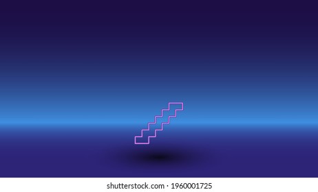 Neon stairs symbol on a gradient blue background. The isolated symbol is located in the bottom center. Gradient blue with light blue skyline