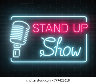 Neon stand up show sign with retro microphone on a brick wall background. Comedy battle glowing signboard. Vector illustration.