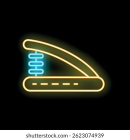 Neon stapler icon glowing against a dark background, perfect for design projects related to office supplies, stationery, or business