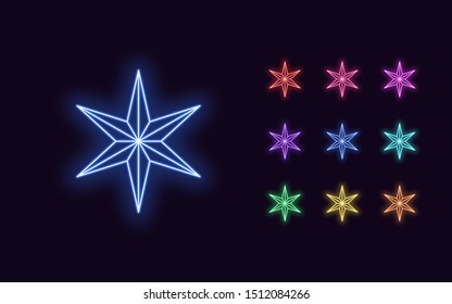 Neon Star with 6 ray, Christmas and New Year decoration. Colorful festive Set of Neon Stars, outline style. Glowing icon, sign and symbol for Holiday design. Vector illustration kit
