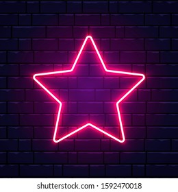 Neon star. Bright pink star frame on brick wall background with backlight. Realistic glowing night signboard. Retro star sign. Vector illustration.