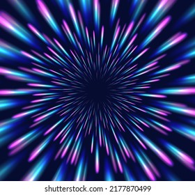 Neon star burst, colorful speed of light, cosmic hyperspace jump motion effect. Explosion in the Universe concept. Futuristic abstract backdrop with bright blue and purple rays. Vector illustration.