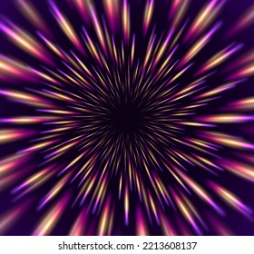 Neon star burst, colorful speed of light, cosmic hyperspace jump motion effect. Explosion in the Universe concept. Futuristic abstract backdrop with bright blue and purple rays. Vector illustration.