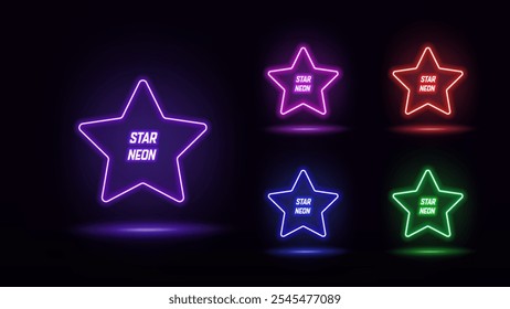 Neon star frame, star shape, empty stars set. Ultraviolet light, fashion show. Glowing frame icon. Vector illustration