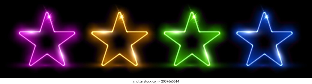 Neon star with glow light effects set vector illustration. Electric led lamp signage collection in purple yellow green blue, technology line signboard for night club, casino or bar on black background