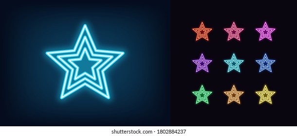 Neon star icon. Glowing neon superstar sign, award in vivid colors. Glamour celebrity, starry shape, fashion party, bright popularity. Icon set, sign, symbol for UI. Vector illustration
