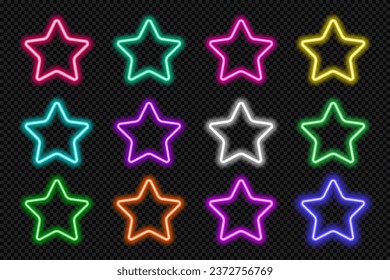 Neon star icon set. Glowing coloful superstar celebrity button. Geometric shape action UI elements with copy space. Purple, blue, pink, yellow, green, red color text box. Vector illustration.