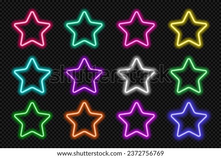 Neon star icon set. Glowing coloful superstar celebrity button. Geometric shape action UI elements with copy space. Purple, blue, pink, yellow, green, red color text box. Vector illustration.