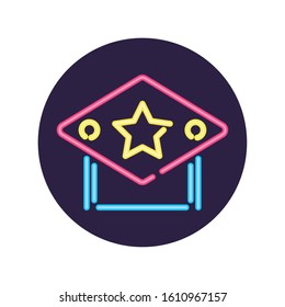 neon star and label inside black circle design, Decoration advertising light lamp retro glowing art bright and fluorescent theme Vector illustration