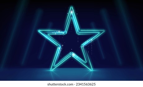 Estrella de neón de fondo azul. Estrellas brillantes. Etapa. Estrella de neón espumosa, líneas de plomo. Luz de escenario, fondo para mostrar productos, montaje. Ceremonia de premios. Ilustración del vector