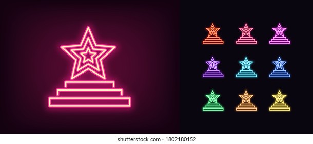 Neon Star Podium Icon. Glowing Neon Star Sign On Pedestal, Award Ceremony In Vivid Colors. Fashion Exhibition, Music Award, Winner, Superstar Show. Icon Set, Sign, Symbol For UI. Vector Illustration