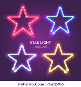 Neon star set. Bright colorful sign boards for your design. Vector illustration