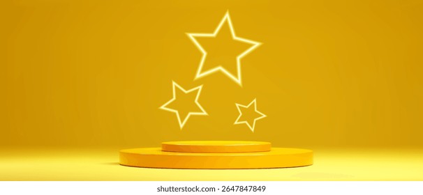 Neon star shapes on pedestal - three glowing outlines of five pointed stars floating above round gold platform on yellow background. 3d minimalist geometric light award ceremony podium decoration.