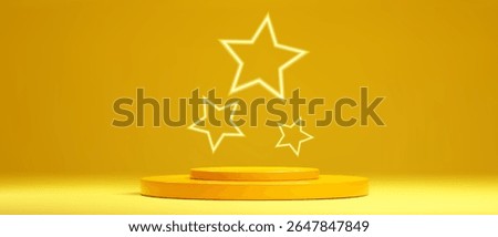Neon star shapes on pedestal - three glowing outlines of five pointed stars floating above round gold platform on yellow background. 3d minimalist geometric light award ceremony podium decoration.