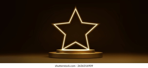 Neon star stage display with glowing golden outline above cylindrical podium. Bright luminous symbol on black background for product presentation. Modern showcase platform with electric light effect.