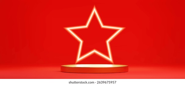 Neon star stage display with glowing white outline above cylindrical podium. Bright luminous symbol on red background for product presentation. Modern showcase platform with electric light effect.