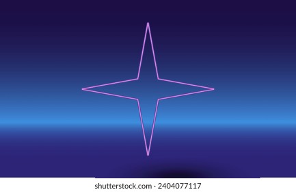 Neon star symbol on a gradient blue background. The isolated symbol is located in the bottom center. Gradient blue with light blue skyline