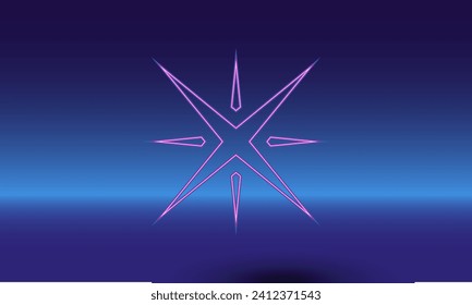 Neon star symbol on a gradient blue background. The isolated symbol is located in the bottom center. Gradient blue with light blue skyline