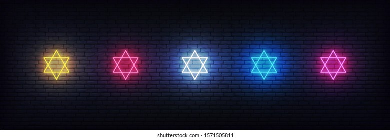 Neon Stars of David set. Jewish sign decorations for Hanukkah