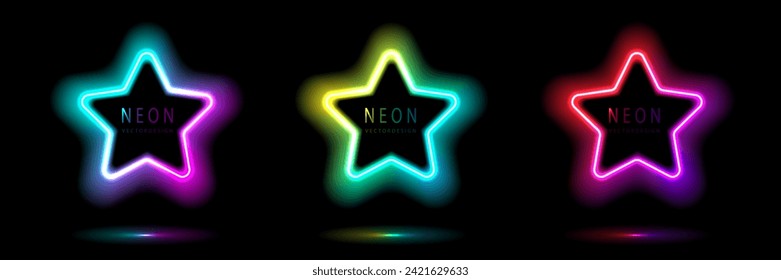 Neon stars frame. collection of round glowing neon lighting on dark background with copy space. graphic element for social media stories. vector design.