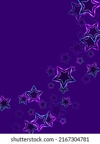Neon stars glowing night sky objects vector illustration. Blue pink purple led light neon stars holiday decor. Birthday greeting card background. Magic ultraviolet cosmic objects.