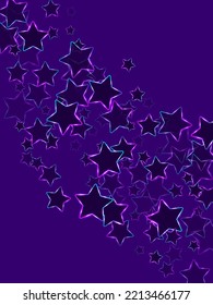 Neon stars glowing night sky objects vector illustration. Blue pink purple led light neon stars holiday decor. Birthday greeting card background. Magic ultraviolet cosmic objects.