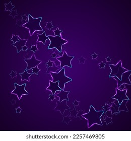 Neon stars glowing night sky objects vector illustration. Blue pink purple led light neon stars holiday decor. Birthday greeting card background. Magic ultraviolet cosmic objects.