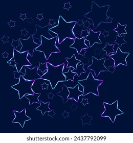 Neon stars glowing night sky objects vector illustration. Blue pink purple led light neon stars holiday decor. Birthday greeting card background. Magic ultraviolet cosmic objects.