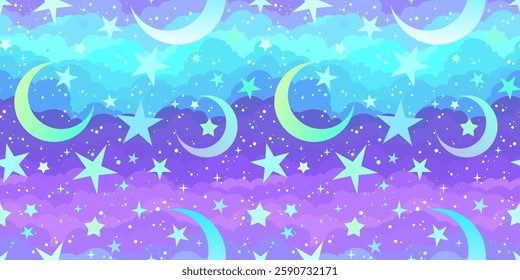 Neon stars on bright clouds background. Seamless pattern