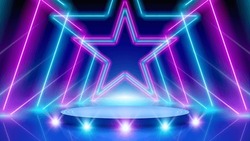 Neon Stars, Podium, Stage Light, Led Arcade. Background For Awards Ceremony. Pink Blue Purple Glowing Neon Arch, Lines, Star. Backdrop For Displaying Products. Bright Stage Light. Vector Illustration