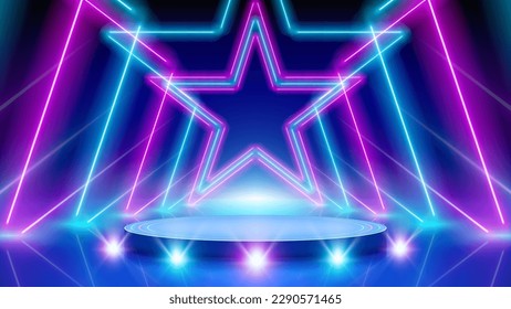 Neon stars, podium, stage light, led arcade. Background for awards ceremony. Pink blue purple glowing neon arch, lines, star. Backdrop for displaying products. Bright stage light. Vector illustration