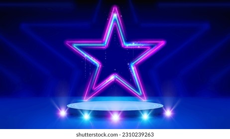 Neon stars, podium, stage light, glowing led star. Background for awards ceremony. Stage. Pink blue purple sparkling neon star, led lines. Backdrop for displaying products. Vector illustration