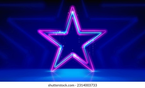 Neon stars, stage light, glowing led star. Background for awards ceremony. Stage. Pink blue purple sparkling neon star, led lines. Backdrop for displaying products. Vector illustration