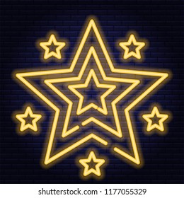 Neon stars, symbol, sign on dark wall background. Light banner, icon. Vector illustration of eps 10.