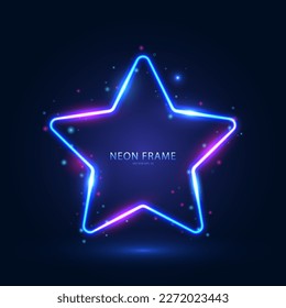Neon star-shaped frame with shining effects and highlights on a dark blue background. Futuristic sci-fi modern neon glowing banner. Vector illustration.