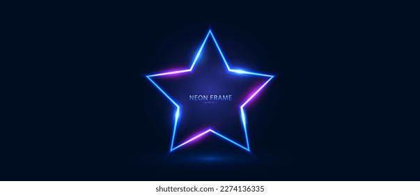 Neon star-shaped frame with shining effects and highlights on a dark blue background. Futuristic sci-fi modern neon glowing banner. Vector EPS 10.