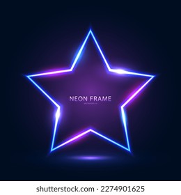 Neon star-shaped frame with shining effects and highlights on a dark blue purple background. Futuristic sci-fi modern neon glowing banner. Vector EPS 10.