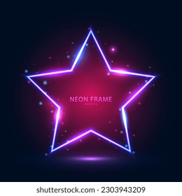 Neon star-shaped frame with shining effects and highlights on a dark blue-pink background. Futuristic sci-fi modern neon glowing banner. Vector illustration.