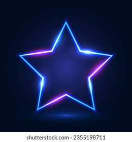 Neon star-shaped frame with shining effects and highlights on a dark blue background. Futuristic sci-fi modern neon glowing banner. Vector illustration.